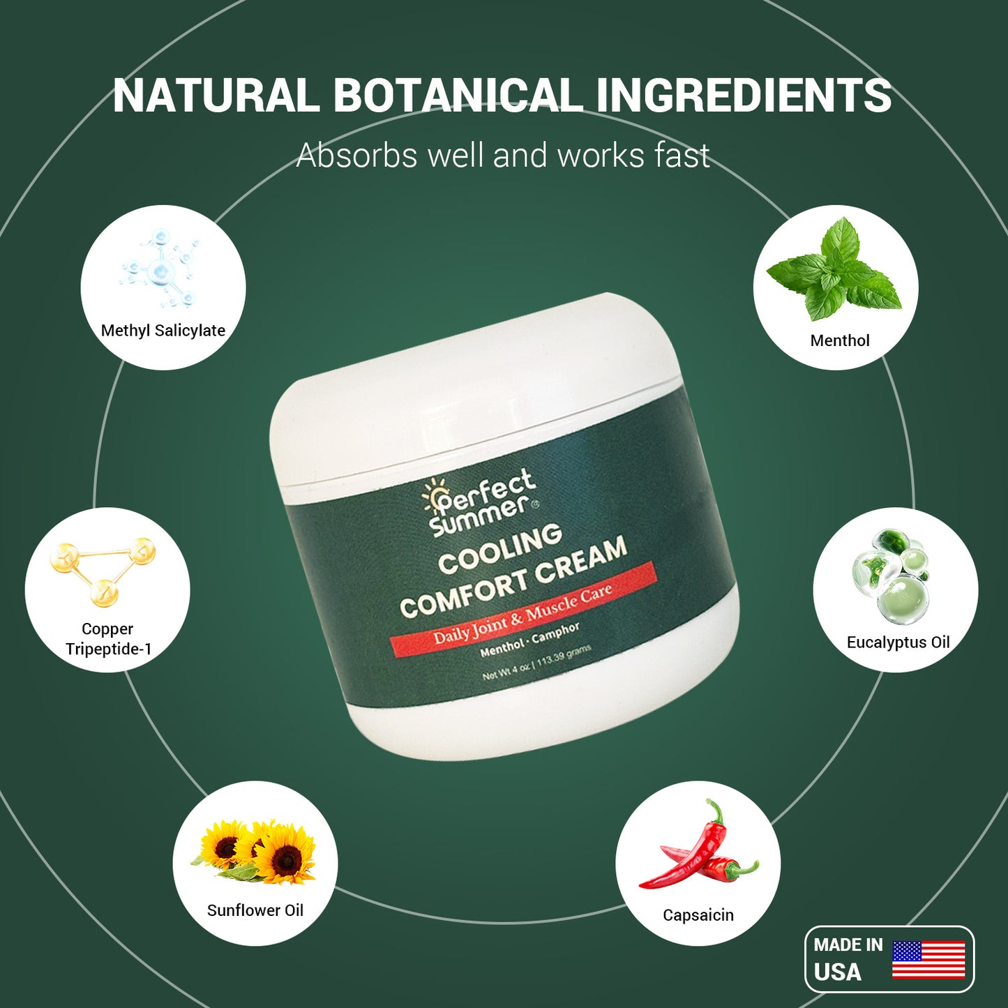 Perfect Summer Cooling Comfort Cream Moisturizers with Menthol, Camphor, Copper Tripeptide-01, Capsaicin, Clove Oil and Sunflower Oil  V4
